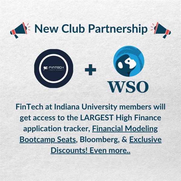 Graphic announcing the FinTech at IU partnership with Wall Street Oasis